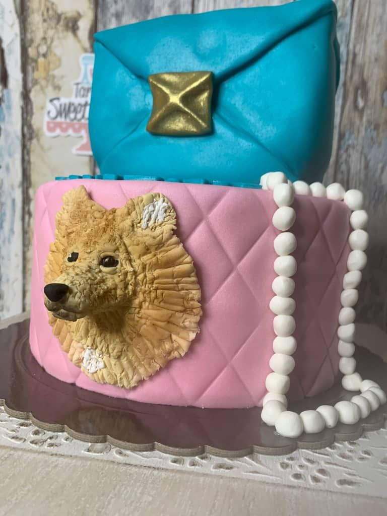 Tarta bolso rosa y azúl con perro