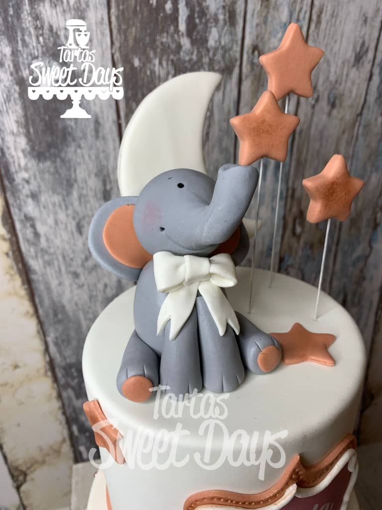 Primer plano de la tarta del elefante dumbo decorada con luna y estrellas